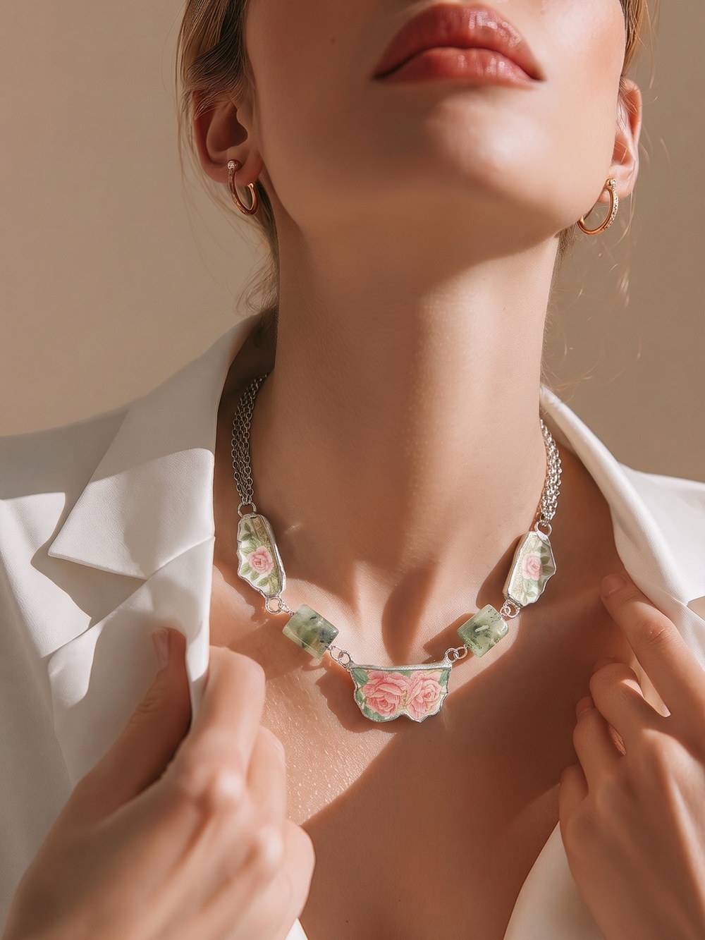 Antique Lynn’s Roses Broken China Necklace - Soft Soldered with Prehnite Stones